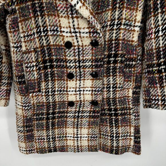 DESIGUAL Cream Black Neon Colorful Plaid Tweed Oversized Heavy Duke Coat Small - Picture 9 of 12